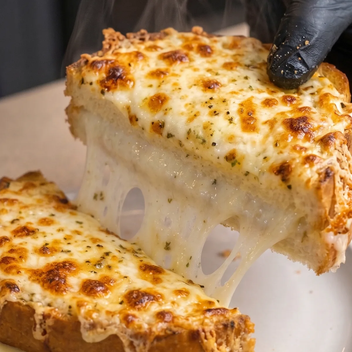Garlic bread grilled cheese pulled apart with long strings of mozzarella