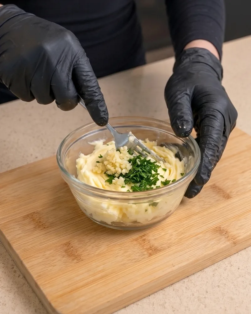 Mashing butter with garlic and parsley in a glass bowl