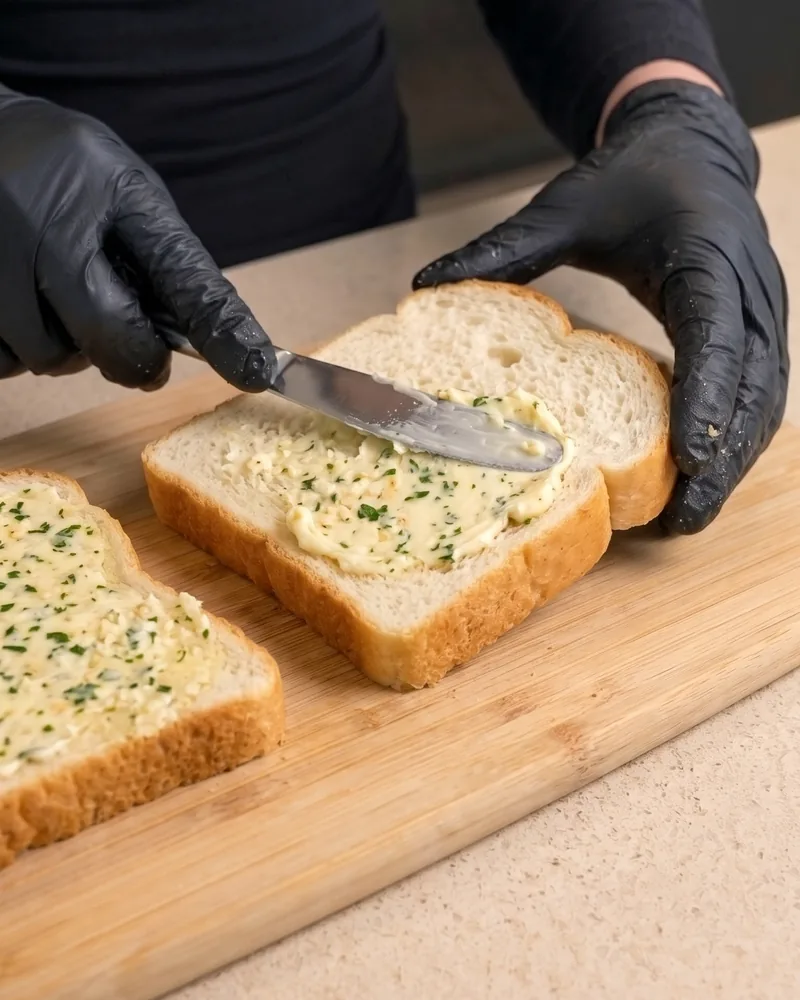 Spreading garlic butter on thick slices of Texas toast