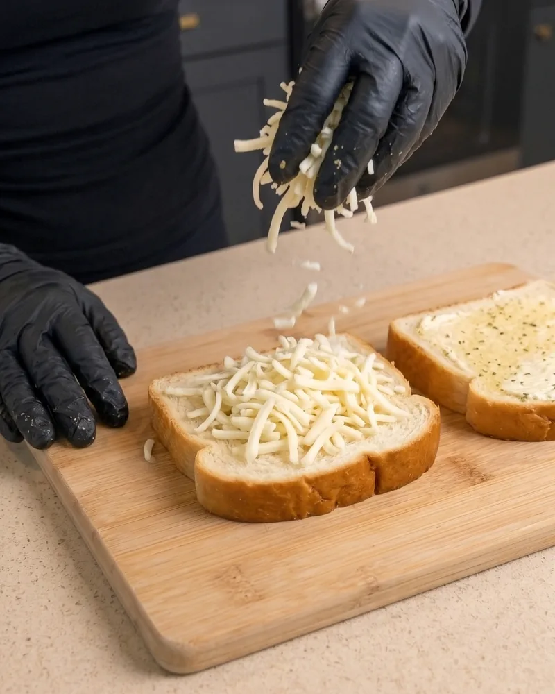 Piling shredded mozzarella onto a slice of bread