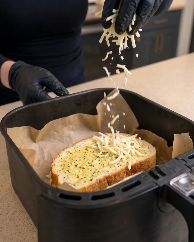 Scattering mozzarella over the sandwich in the air fryer basket