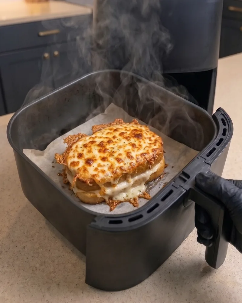 The air fryer basket pulled out, the sandwich golden and steaming