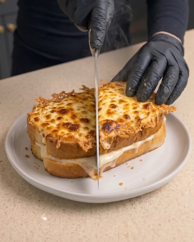 Cutting the grilled cheese in half on a plate