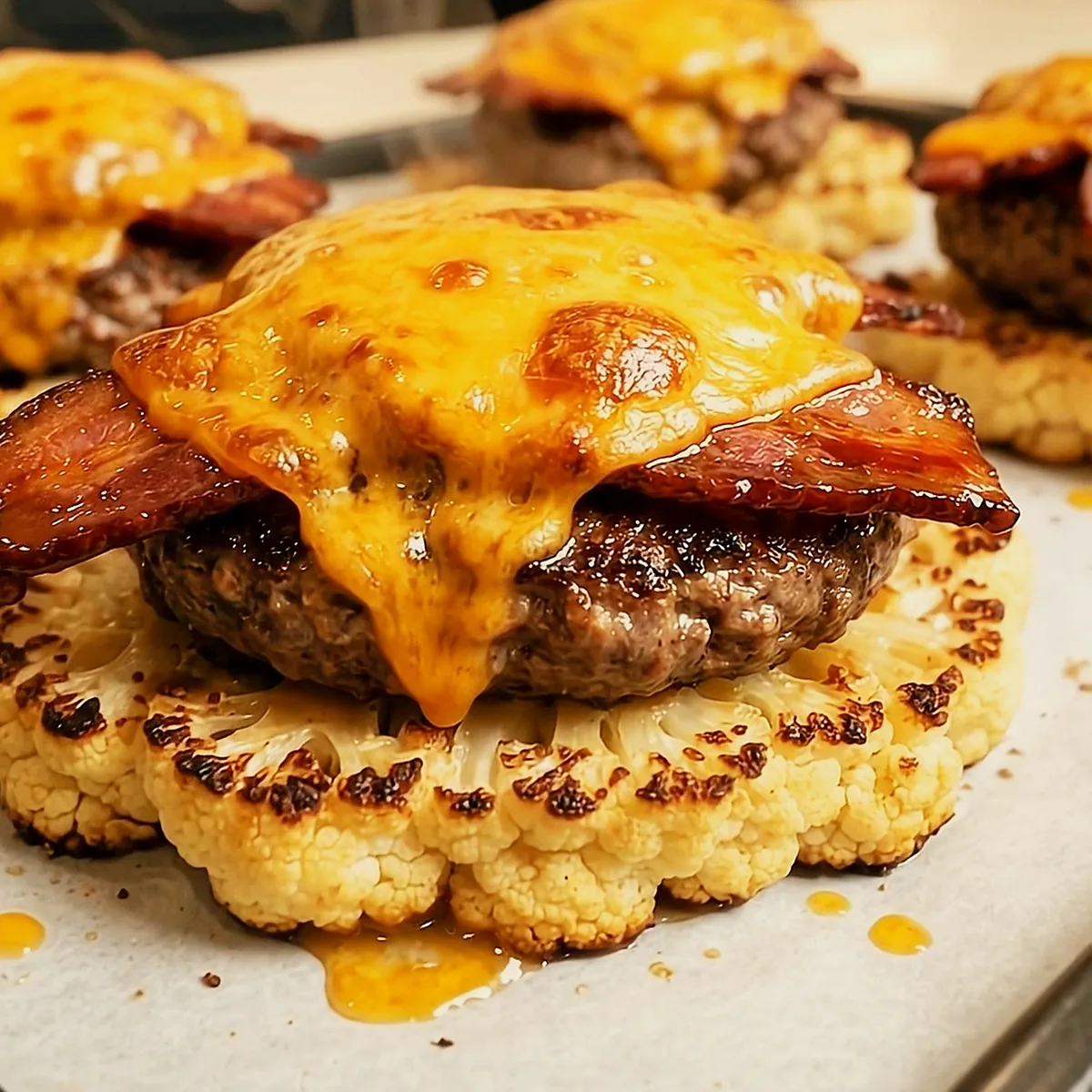Bacon cheeseburger cauliflower stack with melted cheddar on a sheet pan