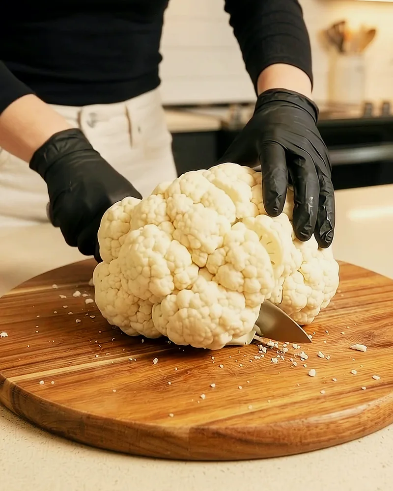Cutting a thick steak from the middle of a cauliflower head