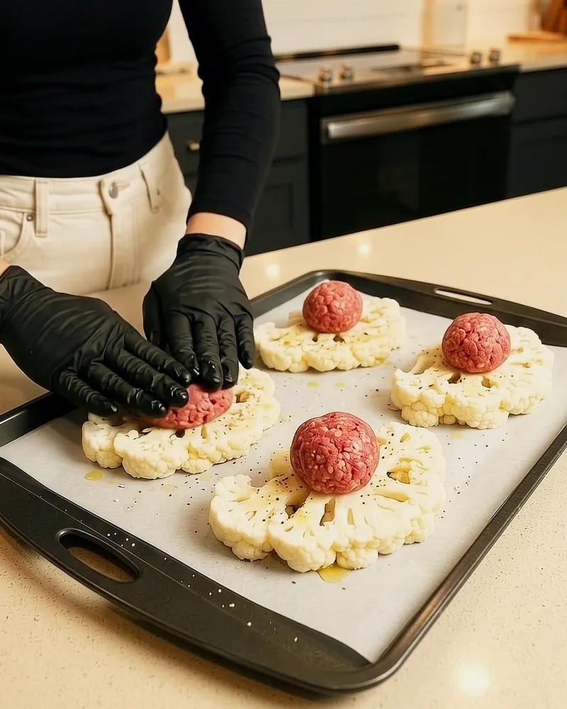 Balls of raw ground beef set on cauliflower steaks on a lined sheet pan