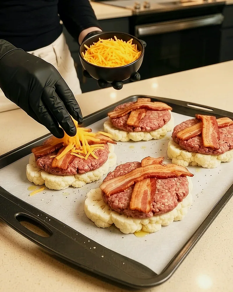 Shredded cheddar being piled onto bacon-topped patties