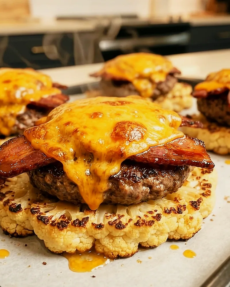 A baked stack with melted cheddar and bacon on a cauliflower steak