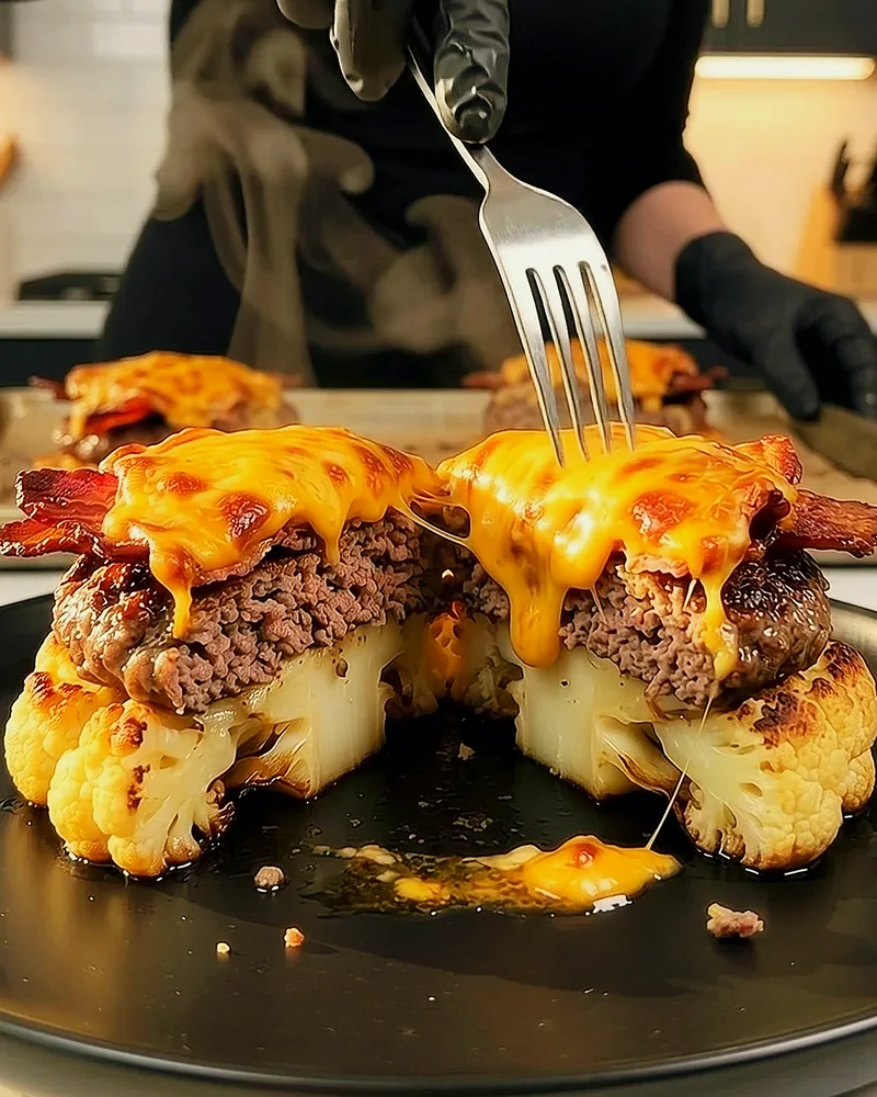 A stack cut open on a plate, showing cauliflower, beef, bacon and cheese