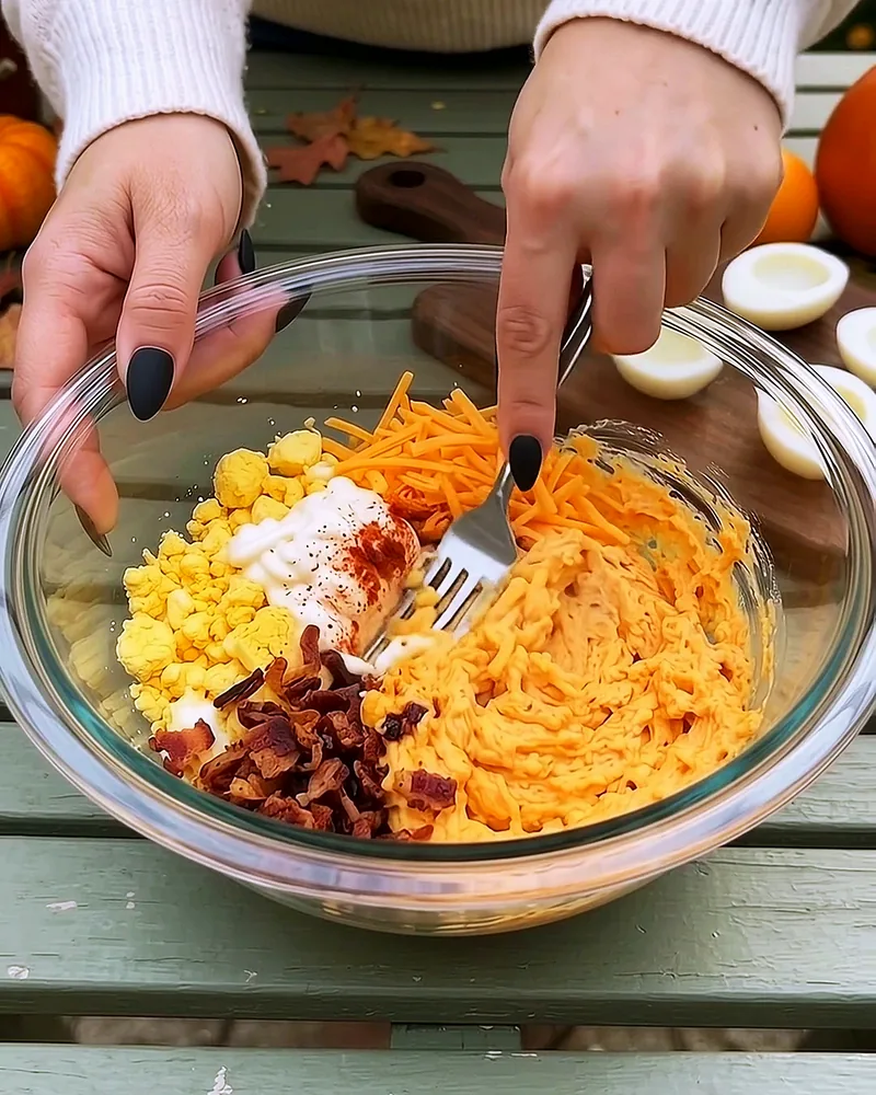 Mashing egg yolks with cheddar and bacon in a glass bowl