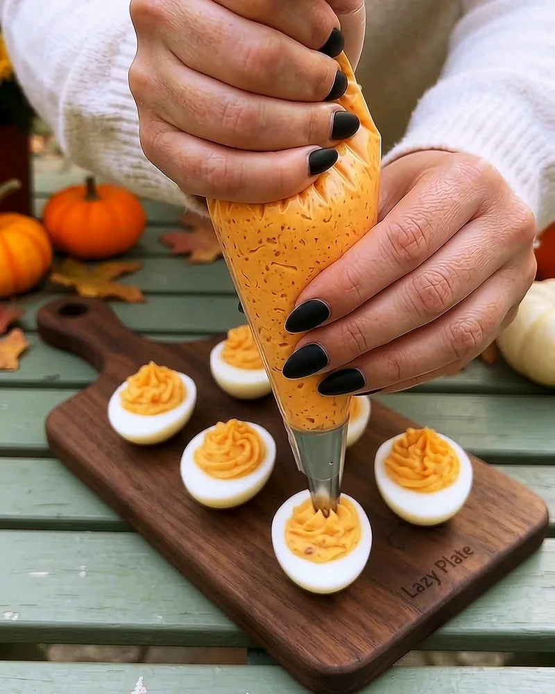 Piping the orange filling into the egg whites