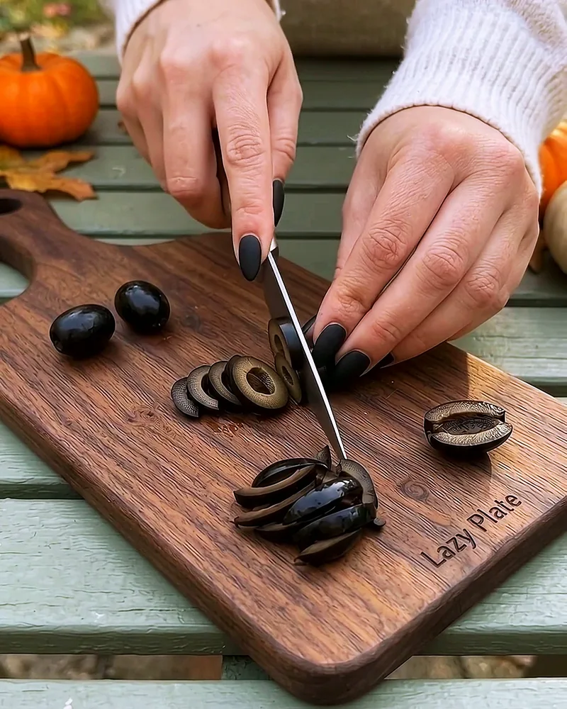 Slicing black olives for the spiders' bodies and legs