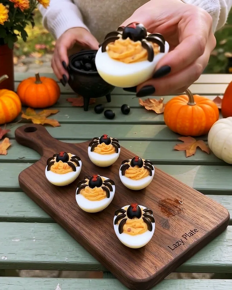 A board of black widow deviled eggs on a garden table