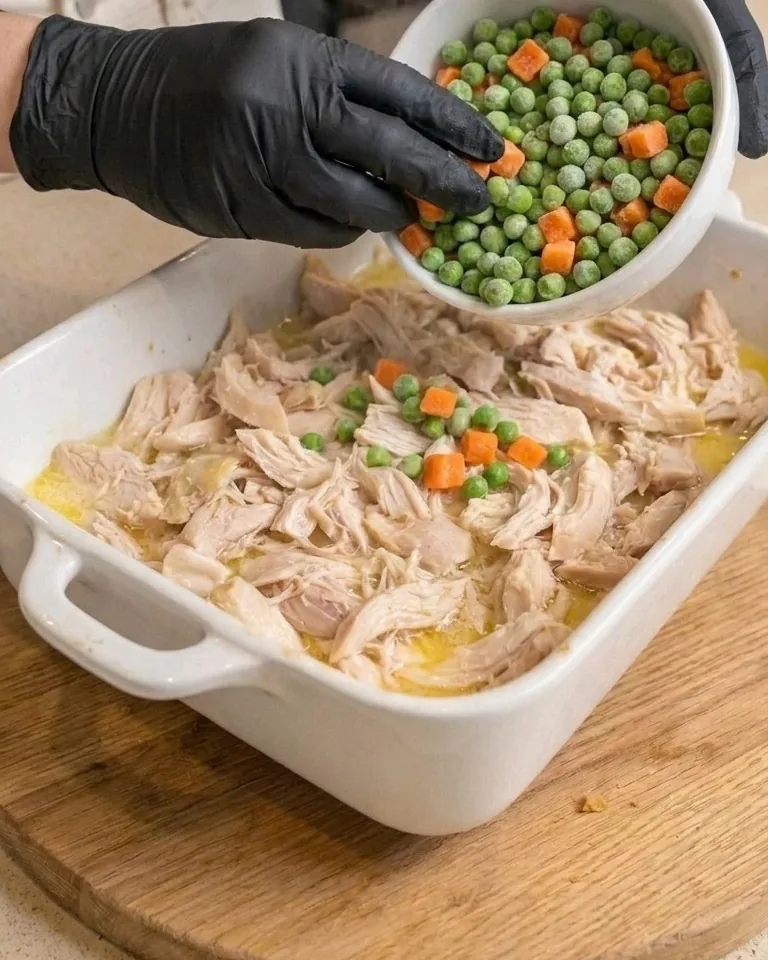 Peas and carrots being scattered over shredded chicken