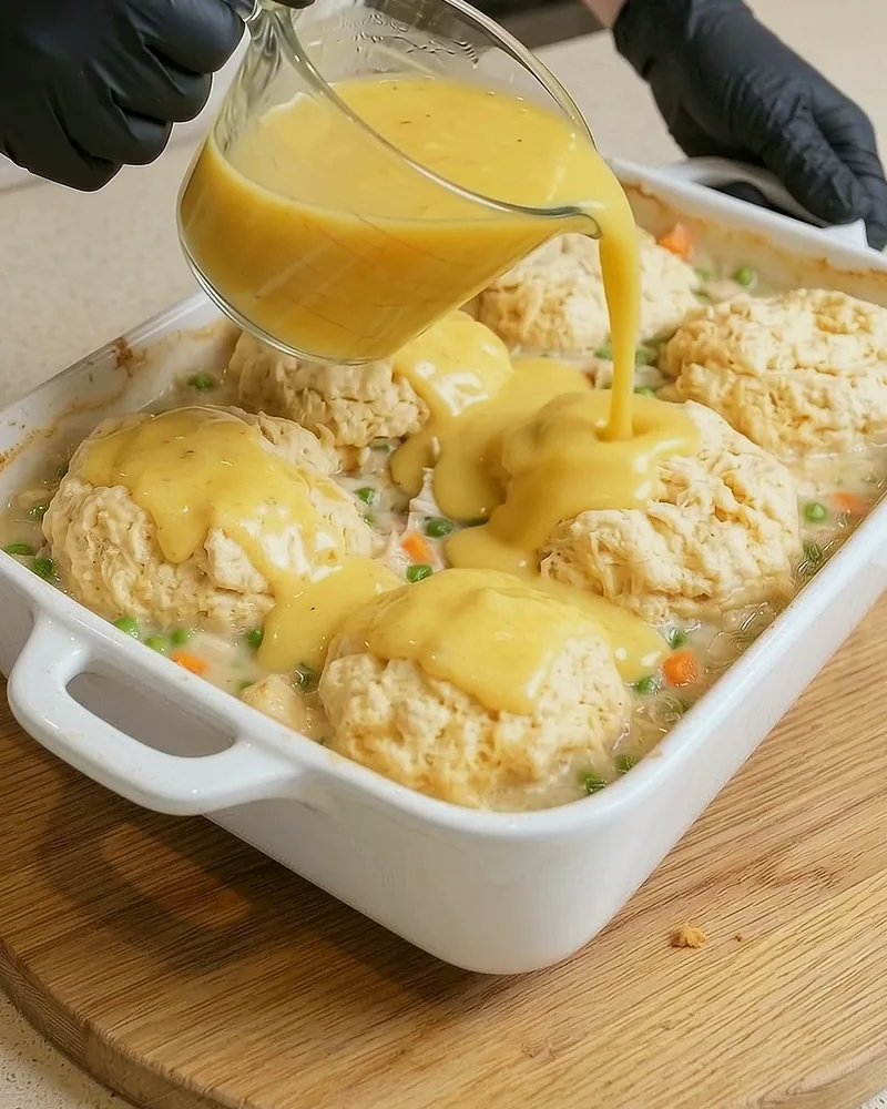 Pouring the soup and broth mixture over the biscuit mounds