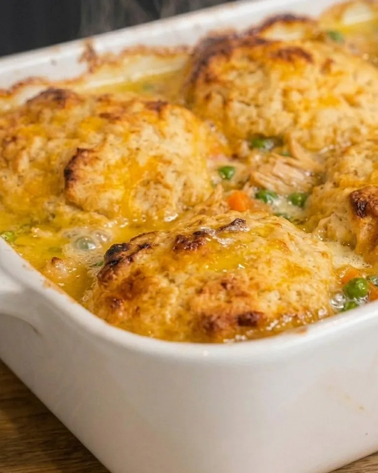 Golden cheddar biscuits over a bubbling chicken filling