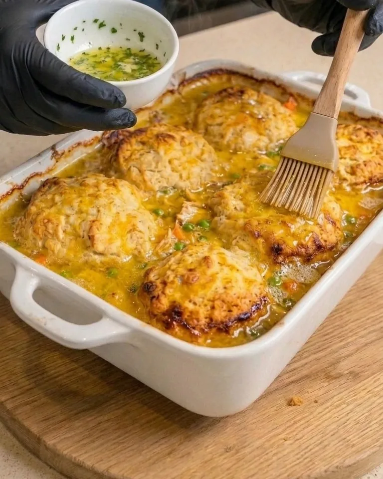 Brushing garlic butter over the baked biscuits