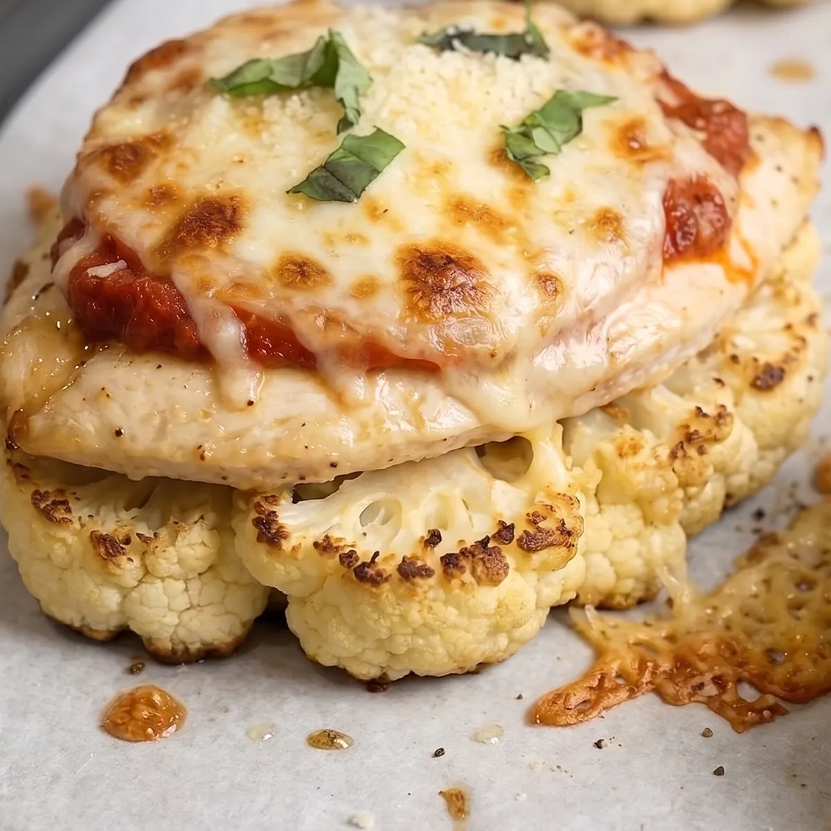 Chicken parm cauliflower stack with marinara, melted mozzarella and basil