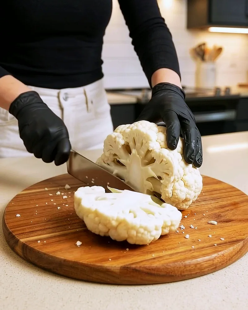 Cutting a cauliflower head into thick steaks on a wooden board