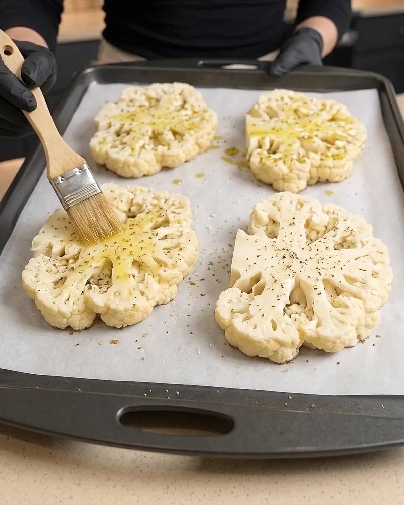 Brushing olive oil over cauliflower steaks on a sheet pan