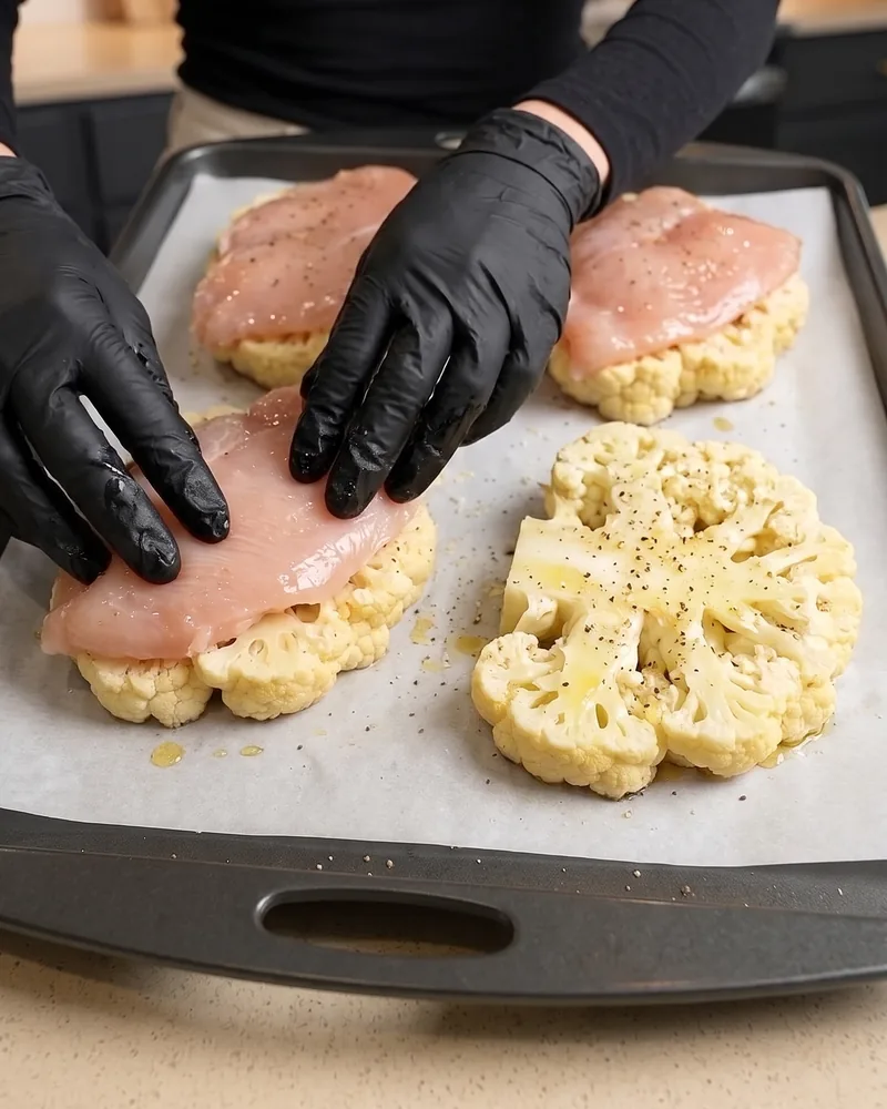 Laying thin raw chicken pieces onto the cauliflower steaks
