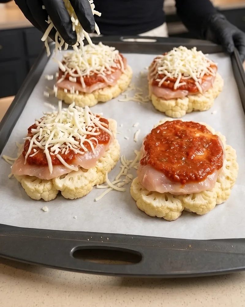 Shredded mozzarella going over marinara-topped chicken