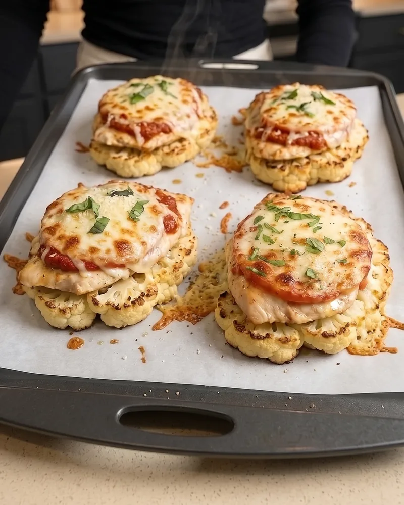 Four baked chicken parm stacks with bubbling cheese on a sheet pan