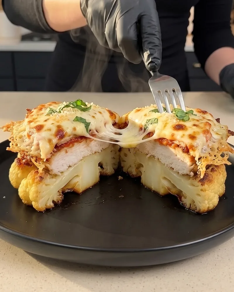 A chicken parm stack cut in half on a black plate