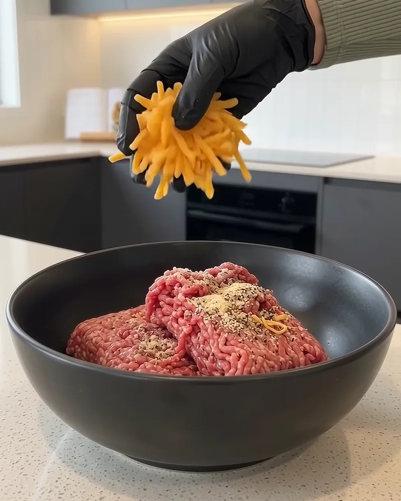 Ground beef, cheddar and seasoning in a black mixing bowl