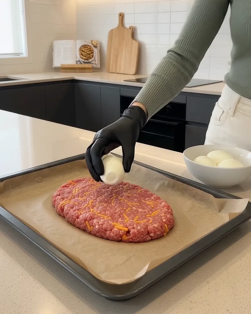 Peeled hard-boiled eggs being set on a bed of ground beef