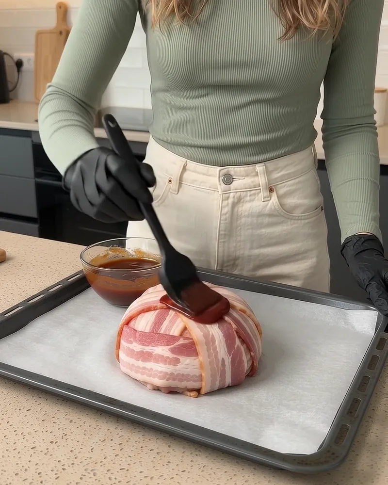 Brushing BBQ sauce over a bacon-wrapped meatloaf dome