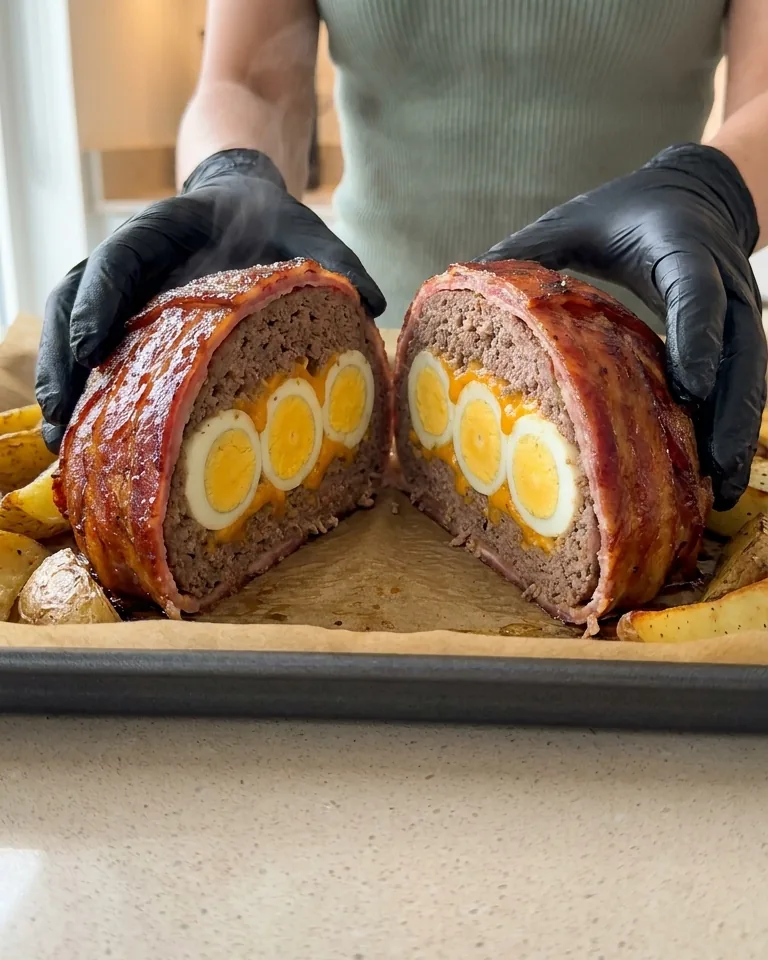 The meatloaf cut in half, showing a row of whole eggs inside