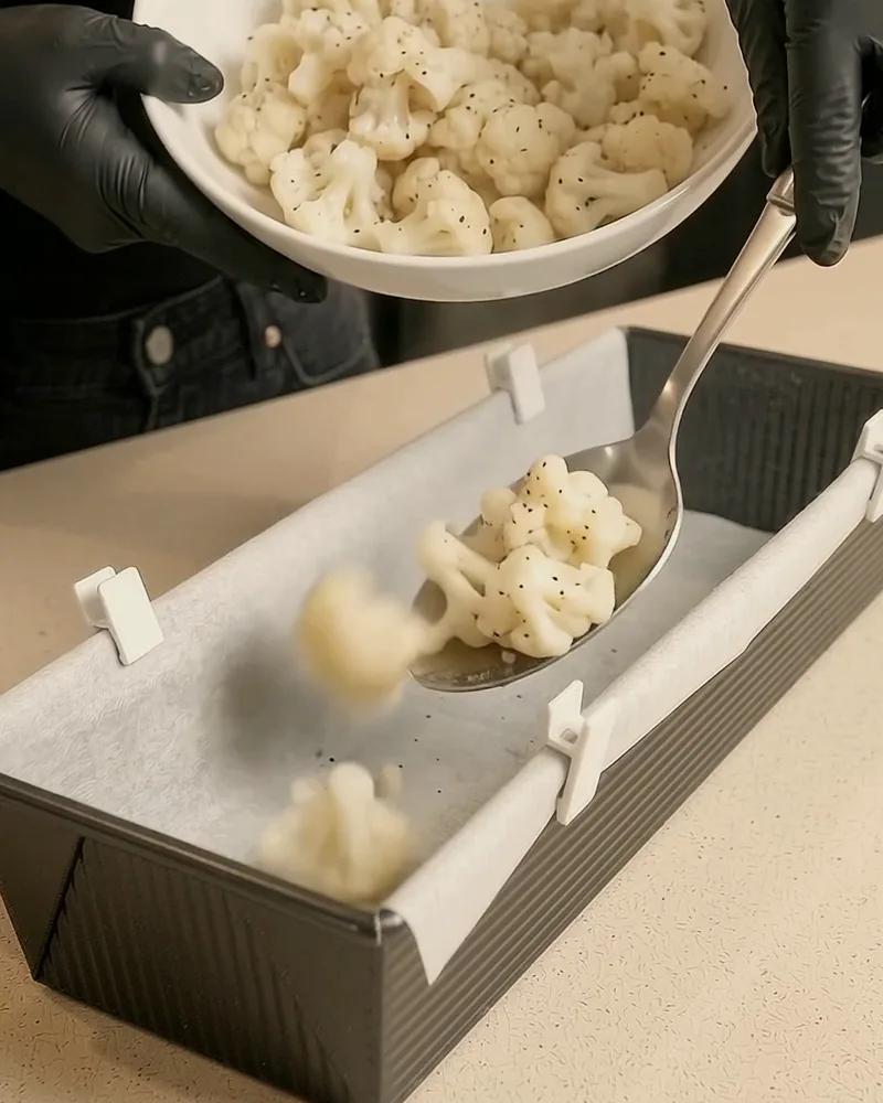 Spooning cooked cauliflower florets into a parchment-lined loaf pan