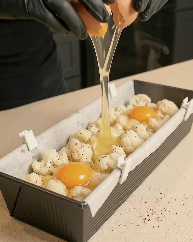 Cracking an egg over the cauliflower in the loaf pan