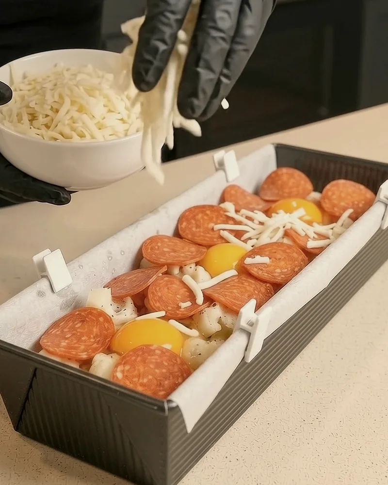 Shredded mozzarella going over pepperoni in the loaf pan