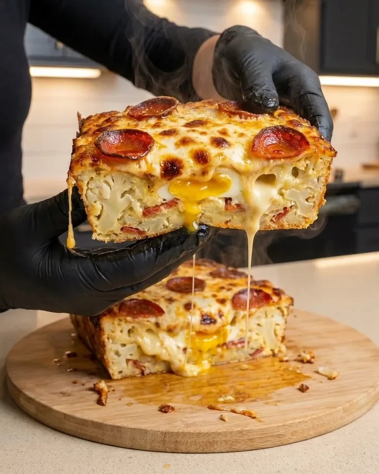 A slice of pizza loaf lifted to show the cheesy inside