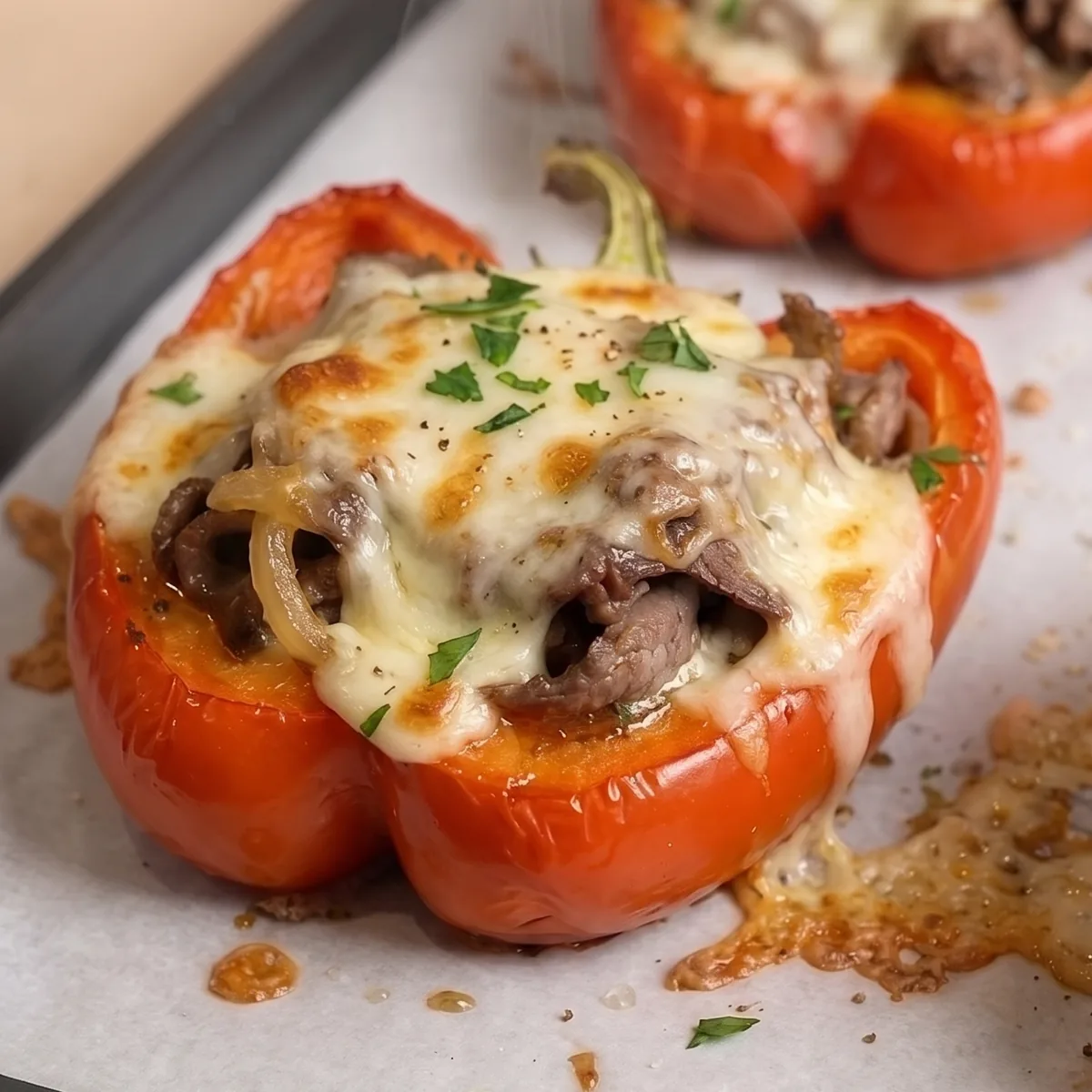 Philly cheesesteak stuffed pepper with melted provolone and parsley