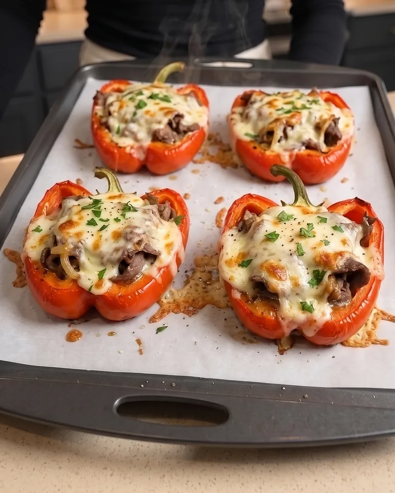 Baked stuffed peppers with golden provolone on a sheet pan