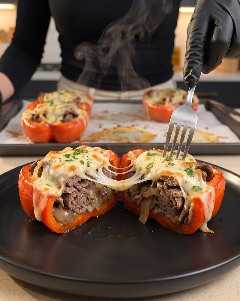 A stuffed pepper cut open on a black plate, showing the beef filling