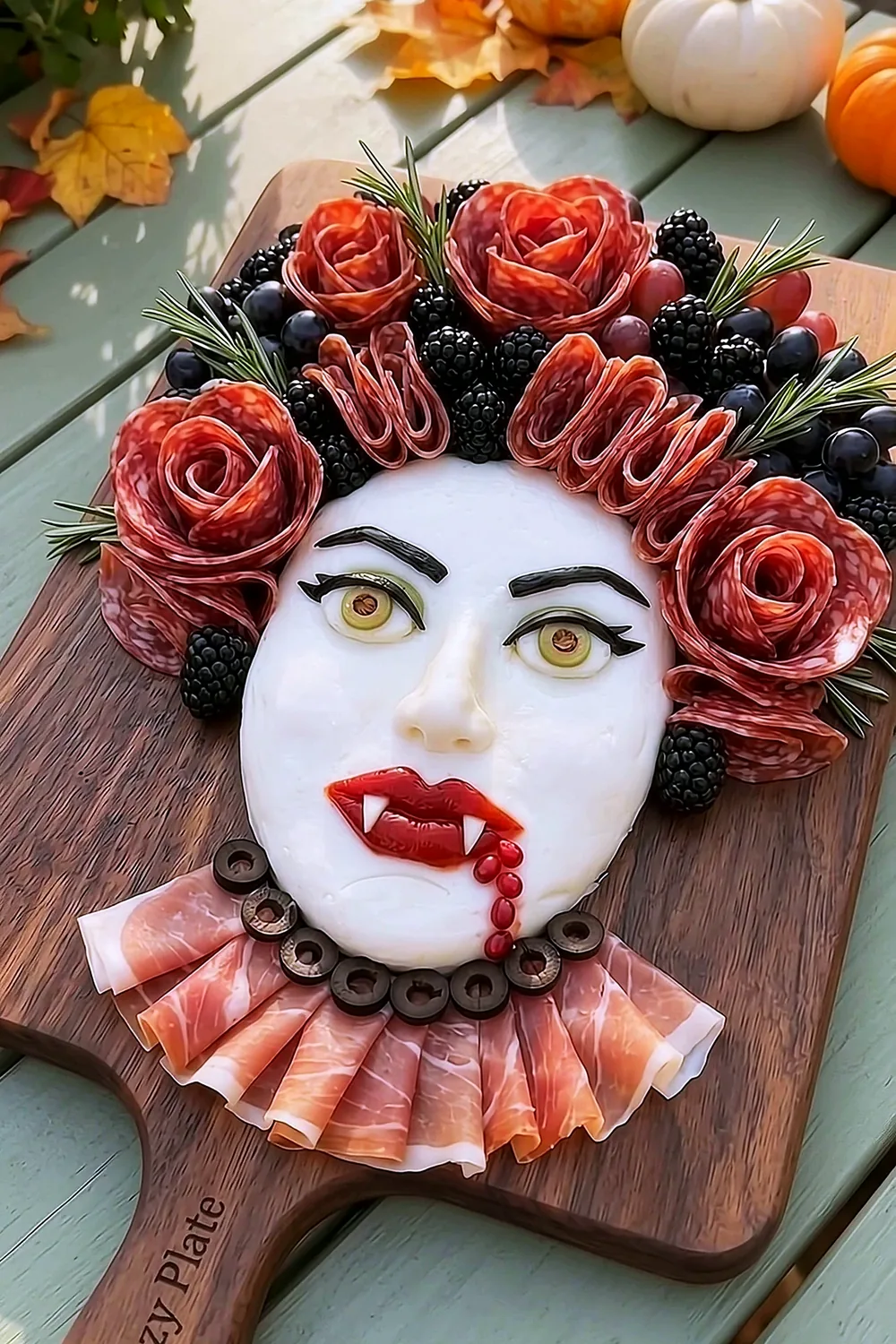 A vampire bride charcuterie board with a mozzarella face, cheese fangs and salami-rose hair