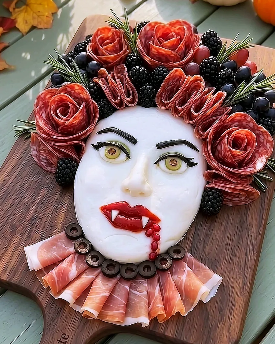 A vampire bride charcuterie board with a mozzarella face, cheese fangs and salami-rose hair