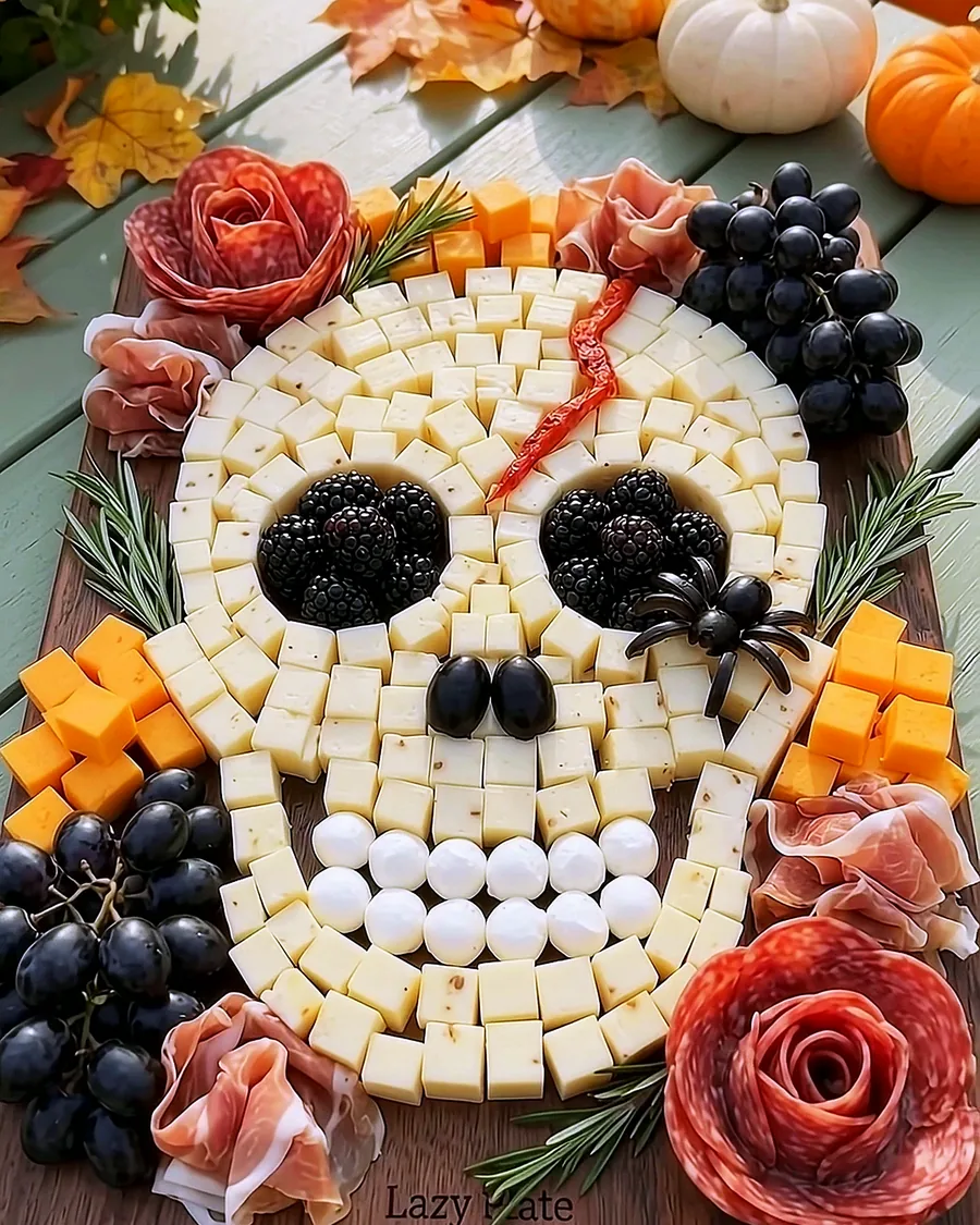 A skull charcuterie board made of cheese cubes, with blackberry eyes and an olive spider