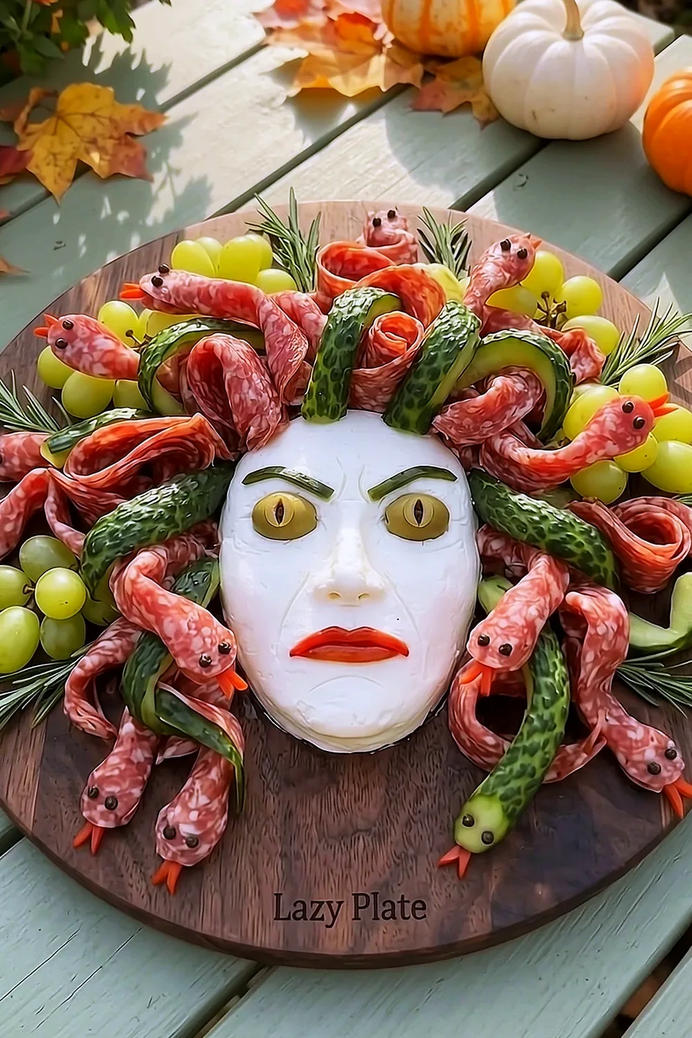 A Medusa charcuterie board with a cheese face and snakes made of salami and cucumber