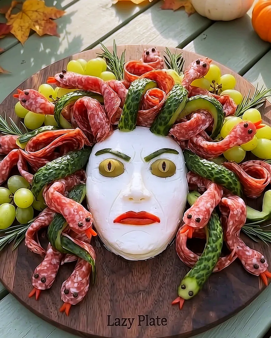 A Medusa charcuterie board with a cheese face and snakes made of salami and cucumber