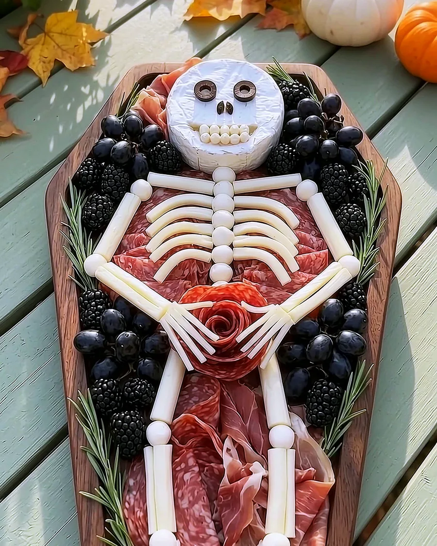 A skeleton charcuterie board in a coffin shape, with a brie skull and string-cheese bones